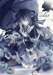  1girl arcaea arm_cutout artist_name bib_collar bird black_bow black_bowtie black_capelet black_dress black_flower black_hair black_pantyhose black_rose black_umbrella blue_corset blue_eyes blue_flower blue_rose bow bow_flower bowtie capelet celia. closed_mouth clothing_cutout collar corset crow dress dress_bow flower frilled_capelet frilled_collar frilled_sleeves frilled_umbrella frills full_body hair_between_eyes hair_flower hair_ornament hair_ribbon highres holding holding_flower long_hair long_sleeves looking_at_viewer pantyhose pleated_capelet ribbon rose seiza signature sitting solo tairitsu_(arcaea) tairitsu_(grievous_lady)_(arcaea) umbrella white_background 