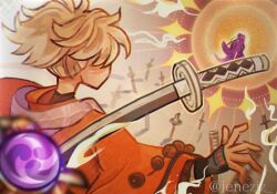  1boy 1girl artist_name blonde_hair blurry depth_of_field english_commentary faceless faceless_female faceless_male floating from_behind genshin_impact high_ponytail japanese_clothes jeneziz katana kazuha's_friend_(genshin_impact) kimono long_hair long_sleeves ponytail purple_hair raiden_shogun scene_reference shade spoilers sun sunlight sword twitter_username upper_body vision_(genshin_impact) weapon wide_sleeves 