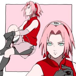  1girl bare_shoulders bike_shorts bike_shorts_under_skirt black_gloves black_shoes breasts closed_mouth cracking_knuckles gloves green_eyes hairband haruno_sakura highres hugging_own_legs medium_breasts multiple_views naruto_(series) naruto_shippuuden open-toe_shoes parted_bangs pink_background pink_hair pink_skirt red_hairband red_shirt shirt shoes short_hair side_slit sitting skirt solo uri_geikon 
