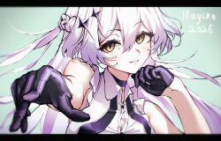  1girl artist_name black_choker black_gloves blue_background choker collared_shirt commentary_request dated diamond-shaped_pupils diamond_(shape) eyelashes gloves hair_between_eyes hair_ornament highres kernhere letterboxed long_hair original purple_hair shirt simple_background sleeveless sleeveless_shirt smile solo symbol-shaped_pupils watermark white_shirt yellow_eyes 
