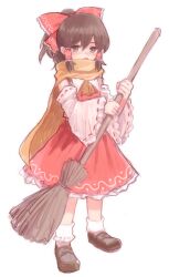  1girl ascot bow broom brown_hair commentary_request detached_sleeves full_body furorida hair_bow hair_tubes hakurei_reimu highres loafers orange_scarf red_bow ribbon-trimmed_sleeves ribbon_trim scarf shoes simple_background socks solo standing sweeping touhou white_background 