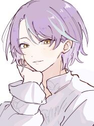  1boy aqua_streaks head_on_hand head_rest highres kamishiro_rui kimi_no_tonari_kimi_to_miru_ashita_(project_sekai) light_blush light_smile long_sleeves looking_at_viewer male_focus multicolored_hair official_alternate_costume official_alternate_hairstyle parted_lips project_sekai purple_hair sachooom shirt short_hair simple_background solo streaked_hair upper_body white_background white_shirt yellow_eyes 