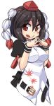  :p :q alternate_costume belt breasts bust chacha_(tyatya) hat impossible_clothes impossible_shirt no_legs pom_pom_(clothes) red_eyes shameimaru_aya simple_background smile solo steepled_fingers sweatband tokin_hat tongue touhou unbuckled_belt white_background 
