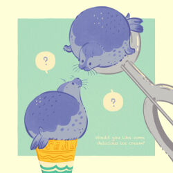  ? absurdres animal animal_focus border commentary_request english_text eye_contact food_wrapper highres ice_cream_cone ice_cream_scoop_(utensil) looking_at_another mt_note no_humans original outside_border seal_(animal) speech_bubble spoken_question_mark watermark 