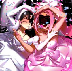  2girls alien_stage black_hair bow chest_bow closed_eyes commentary confetti dress dress_bow elbow_gloves english_commentary gloves hair_bow heart heart_arms heart_arms_duo highres long_hair mizi_(alien_stage) mizi_(zombie_stage) multiple_girls multiple_hair_bows nesheesuu2 pink_bow pink_dress pink_hair strapless strapless_dress sua_(alien_stage) sua_(zombie_stage) twintails white_bow white_dress white_gloves zombie_stage 