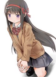  1girl absurdres akemi_homura black_hair black_shoes black_skirt bow bowtie brown_jacket collared_shirt commentary_request diagonal-striped_bow hair_ribbon hairband highres jacket long_hair looking_at_viewer mahou_shoujo_madoka_magica on_one_knee purple_hair red_bow red_bowtie red_ribbon ribbon school_uniform shirt shoes simple_background skirt smile solo striped_bow takeraka violet_eyes white_background white_shirt 