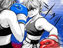  2girls blue_background blue_gloves boxing boxing_gloves boxing_shorts breasts commentary_request flying_sweatdrops gloves gradient_background highres lee_(dragon_garou) motion_lines mouth_guard multiple_girls original partially_colored ponytail punching red_background red_gloves serious shaded_face shorts small_breasts speed_lines sports_bra sweat very_sweaty 