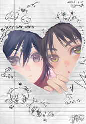  1boy 1girl 2026 animal_ears black_hair brown_hair cat_ears cat_girl cat_tail child closed_mouth commentary dated dog_boy dog_ears dog_tail doodle_inset drawn_ears eren_yeager green_eyes grey_eyes hair_between_eyes highres light_blush mikasa_ackerman notebook_paper parted_lips red_scarf scarf shingeki_no_kyojin short_hair tail titan_(shingeki_no_kyojin) upper_body yun_(dl2n5c7kbh8ihcx) 