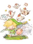  bird blonde_hair boy chibi chicken grass link male nintendo pig running sword tegaki the_legend_of_zelda tsumuki weapon 