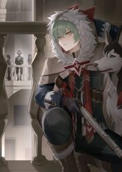  alyosha_(genshin_impact) blue_eyes blurry boots brown_background close-up closed_mouth commentary depth_of_field dog faceless faceless_male fur_trim genshin_impact green_hair gun hair_between_eyes hat highres holding holding_gun holding_weapon hood hood_up husky indoors jeieyeart looking_to_the_side male_focus on_one_knee shade shotgun slavic_clothes suit untranslatable_commentary weapon yellow_eyes 