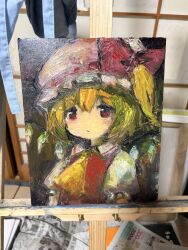  1girl absurdres ascot blonde_hair bow collared_shirt commentary_request crystal crystal_wings flandre_scarlet hat hat_bow highres looking_at_viewer mob_cap multicolored_wings oil_painting_(medium) one_side_up painting_(medium) photo_(medium) puffy_short_sleeves puffy_sleeves red_bow red_eyes red_vest shirt short_sleeves solo touhou traditional_media tungsten_mochoo upper_body vest white_hat white_shirt wings yellow_ascot 