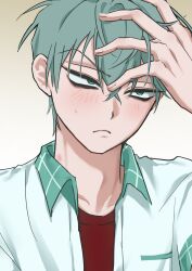  1boy alien_stage black_necktie blush closed_mouth collared_shirt commentary contrast_collar english_commentary frown green_eyes hair_between_eyes hand_on_own_head highres juewang_de_hu_bi male_focus necktie open_clothes open_shirt portrait red_shirt school_uniform shirt short_hair solo till_(alien_stage) very_short_hair white_shirt zombie_stage 