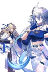  1boy 1girl bag black_shirt blue_gloves blue_hair blue_shirt brown_hair changmingsuo choker closed_mouth coat cup diamond-shaped_pupils diamond_(shape) disposable_cup drinking_straw earrings gloves gradient_hair grey_hair hair_between_eyes hair_ornament hair_ribbon highres holding holding_cup honkai:_star_rail honkai_(series) jacket jewelry jing_yuan jing_yuan_(chapanda) long_hair long_skirt long_sleeves looking_at_viewer midriff momo_hubei multicolored_hair pants ponytail ribbon shirt simple_background skirt smile symbol-shaped_pupils violet_eyes white_background white_coat white_hair white_jacket white_pants white_skirt yao_guang_(chapanda)_(honkai:_star_rail) yao_guang_(honkai:_star_rail) yellow_eyes 