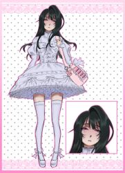  1girl alien_stage applecrushr bag bag_charm black_hair bow charm_(object) commentary dress dress_bow frown highres itabag juliet_sleeves long_hair long_sleeves multiple_views pink_bag platform_shoes puffy_sleeves shoes shoulder_bag sua_(alien_stage) thigh-highs violet_eyes white_bow white_dress white_shoes white_thighhighs 