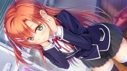  1girl amakusa_tobari black_thighhighs blue_jacket breasts closed_mouth collared_shirt dress_shirt dutch_angle game_asset green_eyes green_skirt hair_ornament hair_ribbon hairclip hands_on_own_cheeks hands_on_own_face ichinose_minato indoors jacket leaning_forward long_hair long_sleeves medium_breasts miniskirt neck_ribbon non-web_source official_art omokage_~ecchi_na_happening!?_nandemo_dontokoi!~ orange_hair plaid_clothes pleated_skirt red_ribbon ribbon school_uniform shirt skirt standing thigh-highs very_long_hair white_ribbon white_shirt wing_collar zettai_ryouiki 