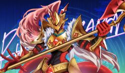  1girl armor blue_background character_name colored_skin cowboy_shot digimon digimon_(creature) dragon gold_armor gold_helmet highres hisuikouha holding holding_polearm holding_weapon horns knight polearm red_skin red_tail rubeusdramon single_horn solo weapon 