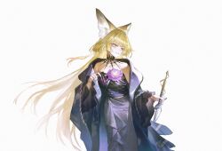  1girl absurdres animal_ear_fluff animal_ears arknights bare_shoulders black_kimono blonde_hair checkered_clothes chinese_commentary collarbone commentary_request cowboy_shot dress flower grey_dress grin highres holding holding_sword holding_weapon japanese_clothes kei_kei_(854174652) kimono long_hair long_sleeves looking_to_the_side off_shoulder official_alternate_costume purple_flower scar scar_on_cheek scar_on_face simple_background smile solo standing sword vulpisfoglia_(arknights) vulpisfoglia_(out_of_focus)_(arknights) weapon white_background wide_sleeves yellow_eyes 