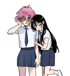  2girls aendee alien_stage black_hair black_necktie black_skirt bruise bruise_on_face closed_eyes collared_shirt commentary crying english_commentary glasses highres holding_another's_arm injury long_hair mizi_(alien_stage) mizi_(zombie_stage) multiple_girls necktie pink_hair shirt short_hair skirt sua_(alien_stage) sua_(zombie_stage) very_long_hair very_short_hair white_background white_shirt yellow_eyes zombie_stage 