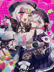 2girls bare_shoulders beret black_hat black_jacket black_ribbon blue_dress blue_hairband bow closed_mouth collarbone collared_shirt colored_tips contrast_collar dress dress_bow frilled_dress frilled_hairband frilled_sleeves frills gothic_lolita hair_bow hair_over_one_eye hair_ribbon hairband hat heart heterochromia highres holding holding_paper holding_stuffed_toy jacket jacket_partially_removed jogasaki_noah lolita_fashion lolita_hairband long_hair long_sleeves looking_at_viewer mahou_shoujo_no_majo_saiban multi-tied_hair multicolored_hair multiple_girls natsume_an-an neck_ribbon off-shoulder_dress off_shoulder one_eye_covered paper pink_background polka_dot polka_dot_bow polka_dot_skirt red_eyes ribbon shirt skirt sleeve_bow sleeves_past_fingers sleeves_past_wrists streaked_hair stuffed_animal stuffed_sheep stuffed_toy super_the_dog teeth upper_teeth_only violet_eyes white_hair white_shirt wide_sleeves yellow_eyes yuri 