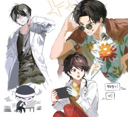  4boys animification baechu205 belt belt_buckle black_belt black_hair black_shirt brown_hair brown_jacket buckle closed_mouth coat collared_shirt computer curtained_hair dan_kuroto floral_print green_eyes grey_hair hanaya_taiga hand_on_own_hip hand_up handheld_game_console hands_up headband highres holding holding_handheld_game_console houjou_emu jacket jacket_on_shoulders jewelry kamen_rider kamen_rider_ex-aid_(series) korean_text kujo_kiriya lab_coat laptop long_sleeves male_focus multicolored_hair multiple_boys necklace nervous_sweating nintendo_switch open_clothes open_coat open_mouth orange_eyes pink_eyes round_eyewear shirt short_hair short_sleeves stethoscope_around_neck sunglasses sweat teeth translation_request two-tone_hair upper_teeth_only violet_eyes white_coat white_headband wing_collar yellow_shirt 