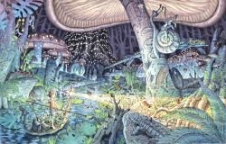  1boy 1girl absurdres barefoot bug closed_mouth crocodile crocodilian dragonfly grandia grandia:_parallel_trippers hat highres koichi_noda leaf mushroom navel official_art outdoors snail water yuuhi_(grandia) 