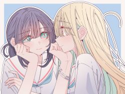  2girls absurdres ahoge black_hair blonde_hair blue_background border bracelet brown_eyes cho_kaguya-hime! closed_mouth colored_inner_hair commentary green_eyes green_hair head_rest highres jewelry kaguya_(cho_kaguya-hime!) kousaka_0v0 long_hair looking_at_another medium_hair mole mole_under_eye multicolored_hair multiple_girls outdoors outline sailor_collar sakayori_iroha school_uniform serafuku shirt sidelocks untranslatable_commentary white_border white_outline white_sailor_collar white_shirt yuri 