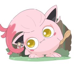  1girl blush_stickers brown_hair closed_mouth coat fangs fangs_out full_body hair_slicked_back holding holding_weapon igwjgsarifbfo9u long_hair looking_at_another pokemon pokemon_(creature) pokemon_focus pokemon_scarlet_and_violet professor_sada scream_tail simple_background solo_focus standing weapon white_background white_coat yellow_eyes 