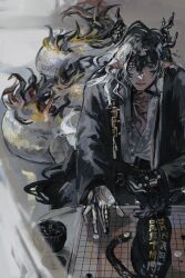  1boy arknights bandaged_neck bandages black_bandages black_eyes black_hair black_hands black_robe board_game colored_extremities commentary_request dragon_boy dragon_horns dragon_tail eastern_dragon_horns eastern_dragon_tail fur-tipped_tail go_(board_game) go_stone heterochromia highres holding_go_stone horns robe sushiwa tail tail_focus thick_tail very_long_tail wang's_cat_(arknights) wang_(arknights) white_hair white_hands yellow_eyes 