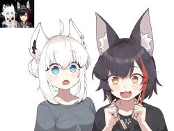  2girls absurdres ahoge animal_ear_fluff animal_ears black_hair black_shirt blush_stickers braid braided_base bun_with_braided_base chopsticks cocomayo29_(tomato) double_bun failure fang fox_ears fox_girl grey_shirt hair_bun half-split_chopsticks highres holding holding_chopsticks hololive multicolored_hair multiple_girls ookami_mio open_mouth red_streaks reference_inset shirakami_fubuki shirt short_hair sidelocks simple_background smile streaked_hair t-shirt tail upper_body virtual_youtuber white_background white_hair wolf_ears wolf_tail 