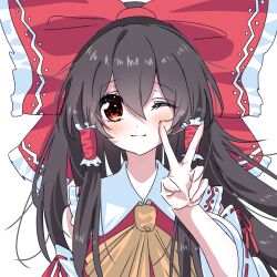 1girl absurdres ascot blush bow brown_hair chinese_commentary closed_mouth commentary_request detached_sleeves frilled_bow frilled_hair_tubes frills hair_bow hair_tubes hakurei_reimu hato_tototo highres long_hair looking_at_viewer one_eye_closed red_bow red_eyes ribbon-trimmed_sleeves ribbon_trim simple_background smile solo touhou upper_body v white_background yellow_ascot 