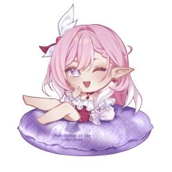  1girl :o ;o barefoot chibi chibi_only commentary detached_sleeves earrings elf elysia_(hi_love_elf)_(honkai_impact) elysia_(honkai_impact) elysia_(summer_2026)_(honkai_impact) hair_ornament heart heart_earrings highres honkai_(series) honkai_impact_3rd innertube jewelry long_hair looking_at_viewer official_alternate_costume one-piece_swimsuit one_eye_closed pink_hair pointy_ears red_one-piece_swimsuit rin_(bakariiin) simple_background solo swim_ring swimsuit very_long_hair violet_eyes white_background 