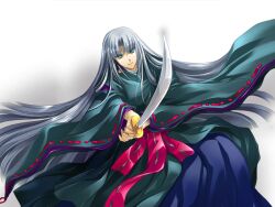 1boy aqua_eyes blue_eyes closed_mouth game_asset grey_hair heike_kiyomori holding holding_sword holding_weapon houou_senki_maimu japanese_clothes katana kimono kinmedai_pink long_hair male_focus non-web_source official_art ribbon-trimmed_sleeves ribbon_trim self-datamine simple_background smile solo sword tachi-e variant_set very_long_hair weapon white_background wide_sleeves 