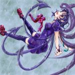  asymmetrical_wings houjuu_nue nanashii_(soregasisan) open_mouth purple_hair rain solo thigh-highs thighhighs touhou wings wrist_cuffs 