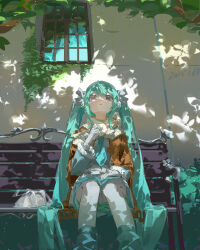  1girl absurdres aqua_bow aqua_bowtie aqua_eyes aqua_hair bad_link bench blurry boots bow bowtie brown_jacket hair_between_eyes hair_ribbon hatsune_miku highres jacket leaf long_hair long_sleeves on_bench pantyhose park_bench plant ribbon sitting sunlight tree twintails very_long_hair vocaloid white_pantyhose window yeshenrenjing_miao_shifu 