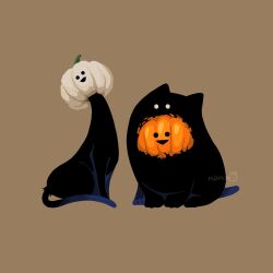  animal animal_focus artist_name black_cat brown_background cat commentary full_body highres jack-o'-lantern jack-o'-lantern_head looking_at_viewer no_humans nona_drops original simple_background sitting 