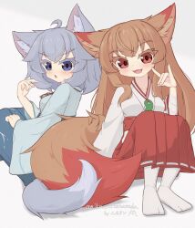  2girls :o absurdres ahoge animal_ears arm_up back-to-back backboob blue_eyes blue_kimono blue_skirt breasts brown_hair cat_ears cat_girl cat_tail commentary_request crossed_bangs double-parted_bangs fangs fox_ears fox_girl fox_shadow_puppet fox_tail grey_hair hair_between_eyes hakama hakama_skirt highres japanese_clothes jewelry kimono light_blush looking_at_viewer magatama magatama_necklace medium_breasts medium_hair multiple_girls necklace nikaon open_mouth original pleated_skirt red_eyes red_skirt ribbon ribbon-trimmed_skirt ribbon_trim signature simple_background sitting skirt smile socks tail tooth_necklace turning_head twitter_username v-shaped_eyebrows vine_print white_background white_kimono white_ribbon white_socks 