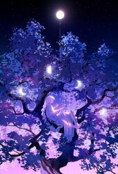  1girl absurdly_long_hair artist_logo barefoot braid branch commentary cool_colors crescent_moon dress english_commentary from_side full_moon gradient_theme in_tree leaf logo loika long_hair long_sleeves moon night original outdoors sitting sitting_in_tree sky solo star_(sky) surreal thread tree very_long_hair watermark web_address white_dress white_hair wide_shot 