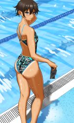  1girl absurdres anpanzetton bikini black_hair commentary competition_swimsuit dark-skinned_female dark_skin goggles grey_eyes highres looking_at_viewer one-piece_swimsuit original pool short_hair solo standing swim_goggles swimsuit tan tanlines tomboy water 