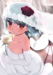  bare_shoulders bat_wings blue_hair blush breasts bridal_veil dress elbow_gloves flat_chest flower formal gigokku gloves hair_ornament looking_at_viewer red_eyes remilia_scarlet ribbon short_hair smile solo touhou veil wedding_dress white wings 
