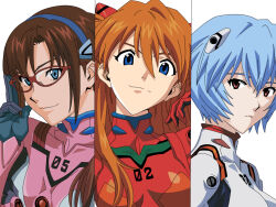  3girls ayanami_rei blue_eyes blue_hair bodysuit breasts brown_hair closed_mouth glasses hair_between_eyes hairband hairpods interface_headset_(evangelion) long_hair looking_at_viewer makinami_mari_illustrious mecha_pilot_suit medium_breasts multiple_girls neon_genesis_evangelion orange_hair panchou_(pixiv_34326504) pink_bodysuit plugsuit_(evangelion) red-framed_eyewear red_bodysuit red_eyes short_hair smile souryuu_asuka_langley two_side_up white_background white_bodysuit 