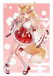  1girl ahoge animal_ear_fluff animal_ears blonde_hair blunt_bangs border bow commission detached_sleeves egasumi flower fox_ears fox_girl fox_shadow_puppet fox_tail frilled_skirt frills full_body hair_flower hair_intakes hair_ornament highres looking_at_viewer mitake_eil nontraditional_miko original pink_background polka_dot polka_dot_background red_bow red_eyes red_ribbon red_skirt ribbon ribbon-trimmed_sleeves ribbon_trim sandals signature skeb_commission skirt smile socks solo tail thank_you thigh_strap white_border white_socks zouri 