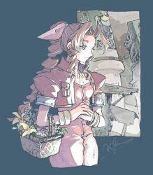  1girl aerith_gainsborough artist_name basket border braid braided_ponytail breasts brown_hair buttons choker city closed_mouth cowboy_shot cropped_jacket cropped_legs dress final_fantasy final_fantasy_vii flower flower_basket green_eyes grey_border hair_bobbles hair_ornament hair_ribbon holding holding_basket jacket long_hair materia medium_breasts michibata_65 own_hands_together parted_bangs pink_dress pink_flower pink_ribbon puffy_short_sleeves puffy_sleeves red_jacket ribbon ribbon_choker short_sleeves sidelocks signature silver_bangle single_braid solo yellow_flower 
