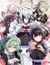  1boy 3girls alexandrina_sebastiane animal_ears bangboo_(zenless_zone_zero) black_gloves black_hair bow breasts butler_(zenless_zone_zero) candy closed_eyes commentary corin_wickes crossdressing crossdressing_(mtf) ellen_joe enmaided food food_in_mouth furry furry_male gloves green_hair grey_hair hair_between_eyes hairband heart heart_hands highres lollipop lollipop_in_mouth long_hair maid maid_day maid_headdress metal_hairband mole mole_under_eye multiple_girls partially_fingerless_gloves puffy_short_sleeves puffy_sleeves red_bow red_eyes red_hair screw_hair_ornament short_sleeves twintails untranslatable_commentary violet_eyes von_lycaon wolf_boy wolf_ears yoichi555p zenless_zone_zero 