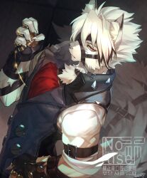  1boy absurdres animal_ear_fluff black_background black_gloves black_vest body_fur claws closed_mouth commentary fingerless_gloves furry furry_male gloves hand_up highres looking_at_viewer male_focus pocket_watch red_eyes sammy_(freezingsammy) short_hair solo tail untranslatable_commentary upper_body vest von_lycaon watch watermark white_fur white_hair wolf_boy zenless_zone_zero 