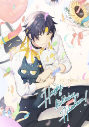  1boy animal asaba_harumasa asaba_harumasa_(cat) asaboo_(zenless_zone_zero) balloon bangboo_(zenless_zone_zero) belle_(zenless_zone_zero) bio_tiful black_cat black_choker black_hair black_pants cat choker commentary_request confetti english_commentary eous_(zenless_zone_zero) flower gift happy_birthday headband highres holding holding_animal holding_cat holding_gift hoshimi_miyabi male_focus mixed-language_commentary pants parted_bangs parted_lips shirt short_hair sitting sleeves_rolled_up soukaku_(zenless_zone_zero) sunflower tsukishiro_yanagi white_background white_cat white_shirt wise_(zenless_zone_zero) yellow_eyes yellow_headband zenless_zone_zero 