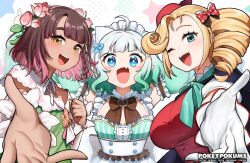  3girls ahoge black_bow blonde_hair blue_bow blue_eyes bow braid breasts brown_hair curled_ends dark-skinned_female dark_skin densetsu.exe dress drill_hair drill_ponytail fang flower gloves gradient_hair green_dress green_eyes green_hair hair_bow hair_flower hair_ornament hat large_breasts looking_at_viewer maid maid_headdress mint_fantome multicolored_hair multiple_girls one_eye_closed open_mouth phoebe_(vtuber) pink_flower pointy_ears pokey polka_dot polka_dot_bow reaching reaching_towards_viewer red_bow red_hat red_vest ribbon short_hair side_braid skin_fang small_breasts smile star_(symbol) triangular_headpiece vest victoria_roman virtual_youtuber white_background white_gloves white_hair white_ribbon x_hair_ornament yellow_eyes 