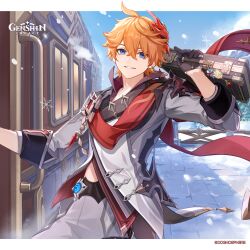  1boy absurdres black_gloves blue_eyes blue_sky briefcase commentary day english_commentary genshin_impact gloves grey_jacket grin highres holding holding_briefcase jacket long_sleeves looking_at_viewer male_focus mask mask_on_head official_art orange_hair outdoors red_scarf scarf short_hair sky smile solo tartaglia_(genshin_impact) upper_body 