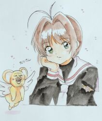  1girl antenna_hair brown_hair cardcaptor_sakura closed_mouth commentary_request creature facial_hair green_eyes head_rest highres kero_(cardcaptor_sakura) kinomoto_sakura meme necktie painting_(medium) sailor_collar short_hair smile stubble tani_gorira traditional_media translation_request watercolor_(medium) white_necktie white_sailor_collar white_wings wings 