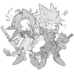  >_< 1boy 1girl :d aerith_gainsborough ahoge armor baggy_pants bangle boots bracelet braid braided_ponytail buster_sword buttons chibi chibi_only closed_mouth cloud_strife cropped_jacket dress final_fantasy final_fantasy_vii fist_bump full_body gloves greyscale hair_between_eyes hair_ribbon highres holding holding_staff holding_sword holding_weapon jaysoysaucee jewelry long_dress monochrome one_eye_closed open_mouth pants parted_bangs pauldrons ribbed_shirt ribbon shirt short_hair shoulder_armor sidelocks single_braid single_pauldron smile spiky_hair staff suspenders sword weapon white_background xd 
