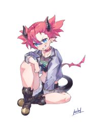  ankle_boots arm_on_knee artist_name blue_eyes blue_shorts boots brown_boots collar commentary_request demon_girl demon_horns demon_tail ear_piercing fur-trimmed_shorts fur_trim grey_jacket grin half-skirt highres horns jacket kebol navel open_clothes open_jacket piercing pointy_ears raz_(shadowverse) red_hair shadowverse shadowverse:_worlds_beyond short_hair shorts sitting smile spiked_collar spikes swept_bangs tail 